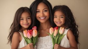 Joyful mother and daughters holding vibrant tulips in a warm, cozy setting