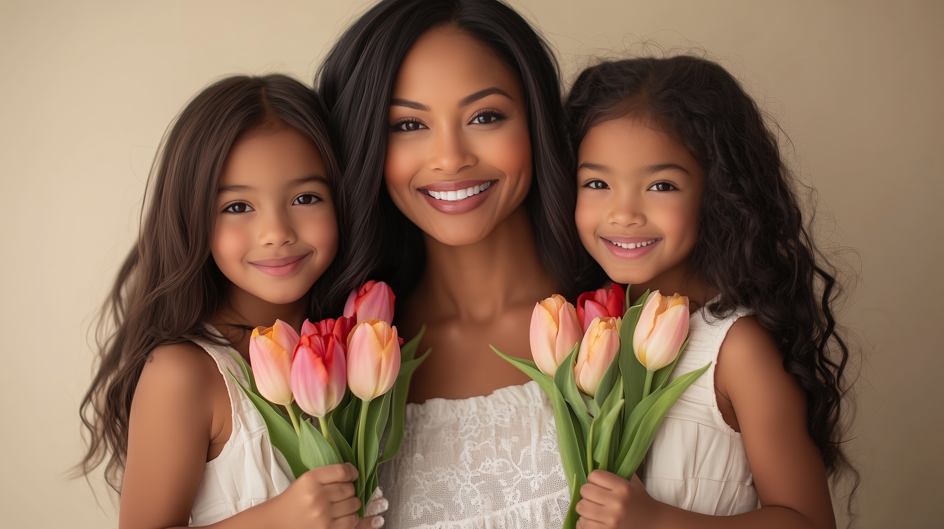 Joyful mother and daughters holding vibrant tulips in a warm, cozy setting